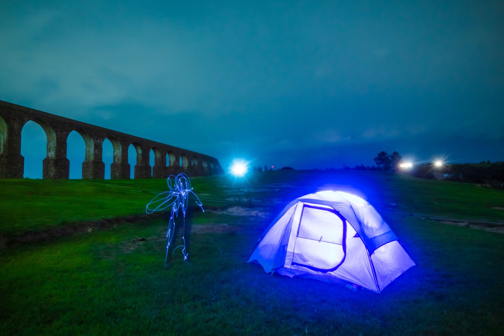 Tent with blue light at night in arcos del sitio in tepotzotlan state of mexico