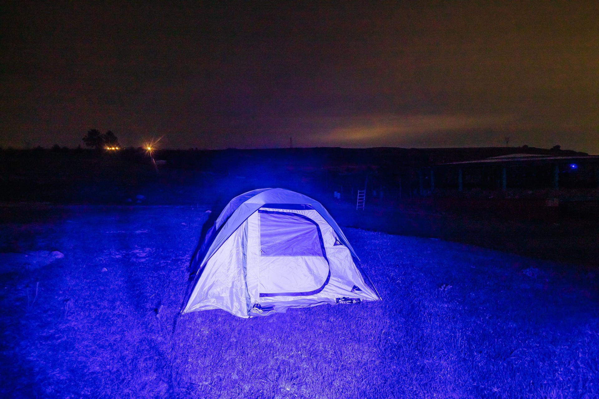 Tent with blue light at night in arcos del sitio in tepotzotlan state of mexico